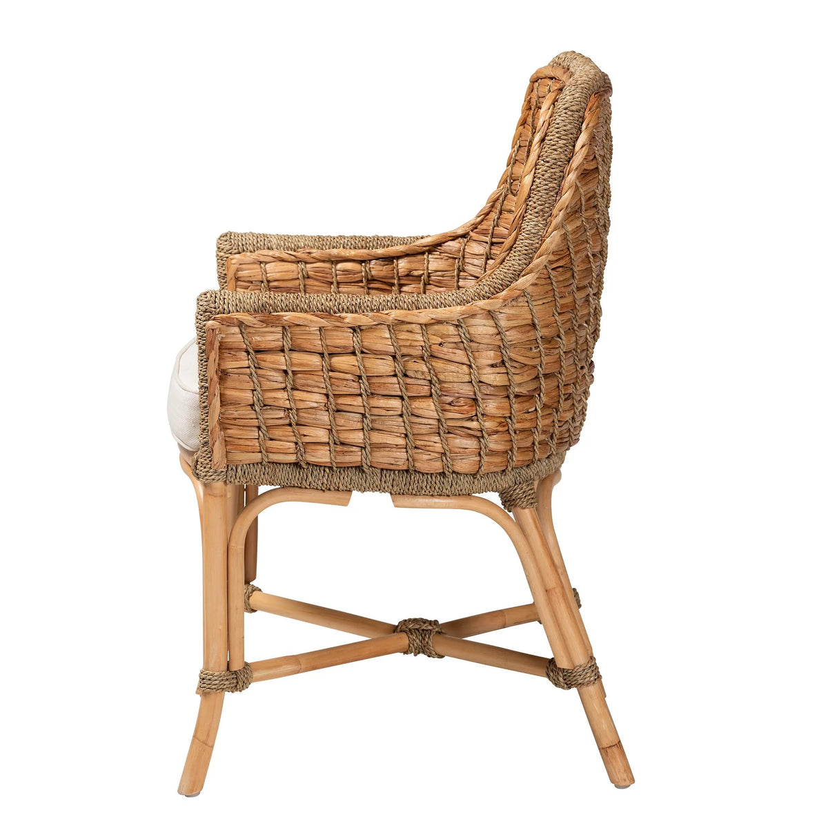 Natural Brown Woven Rattan Dining Arm Chair with Cushion E930446