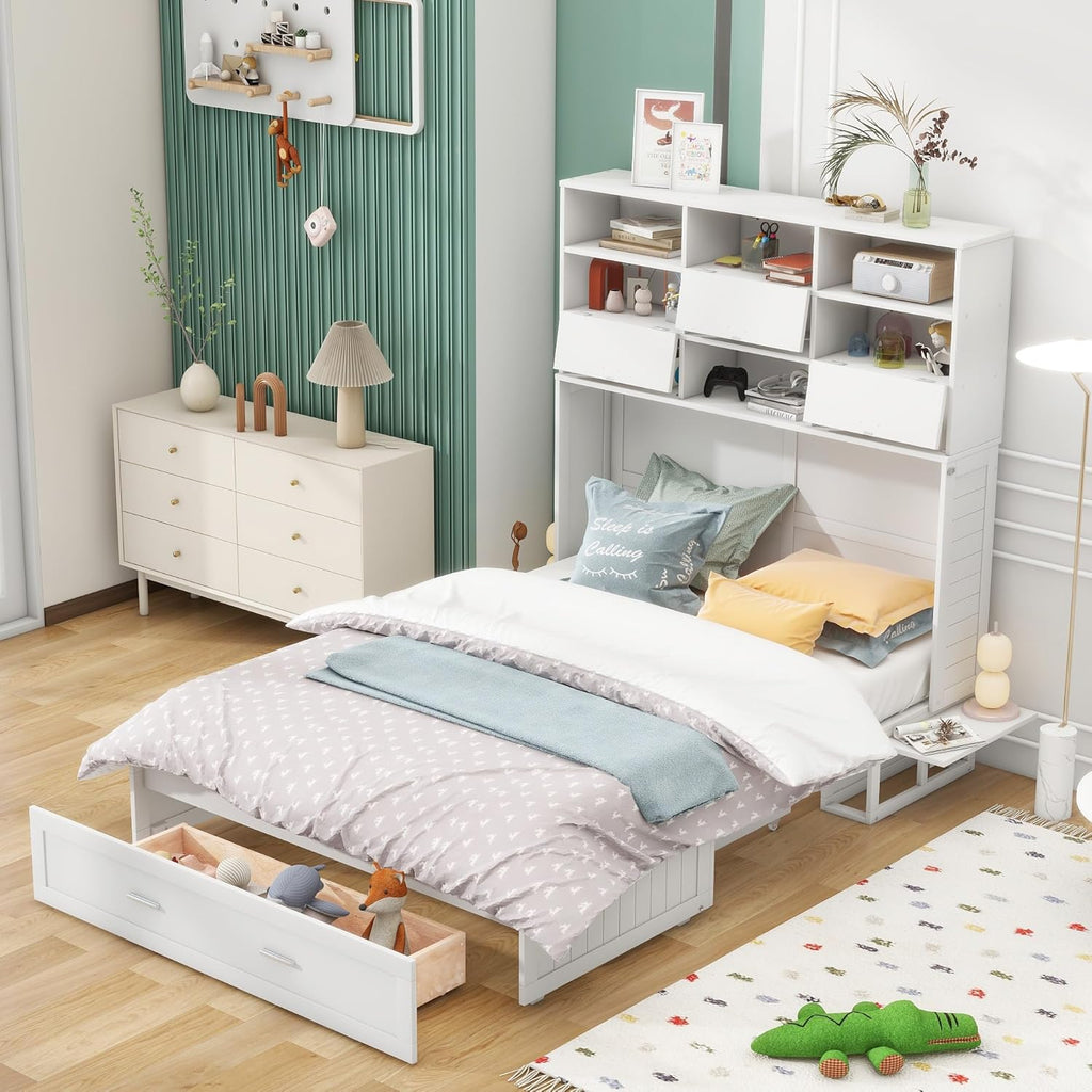 White Queen Size Murphy Bed with Bookcase and Drawer V370444