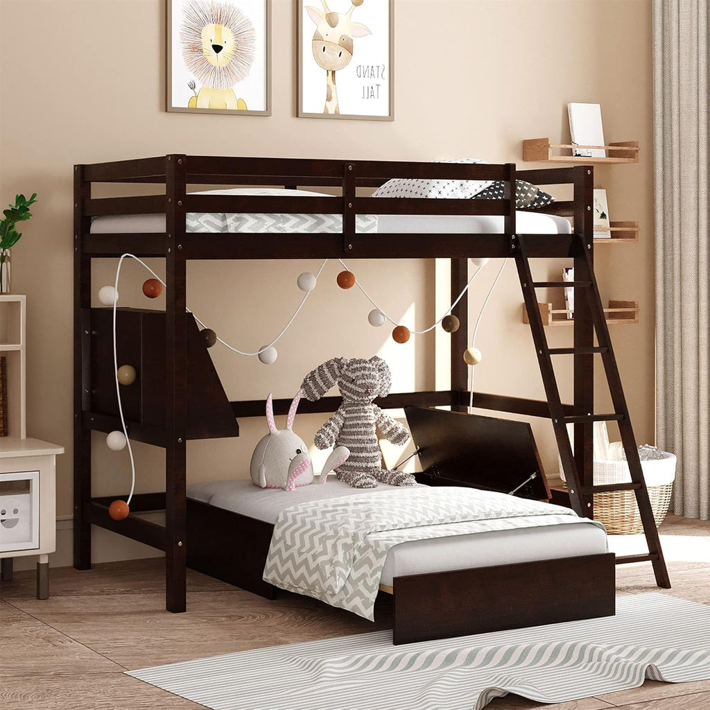 Espresso Wood Twin Loft Bed with Desk and Storage Drawers, Cabinet, Shelves O372