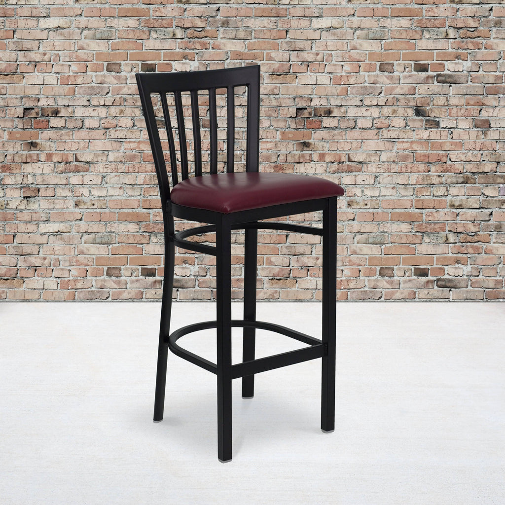 Black School House Back Metal Bar Stool with Burgundy Vinyl Seat F728
