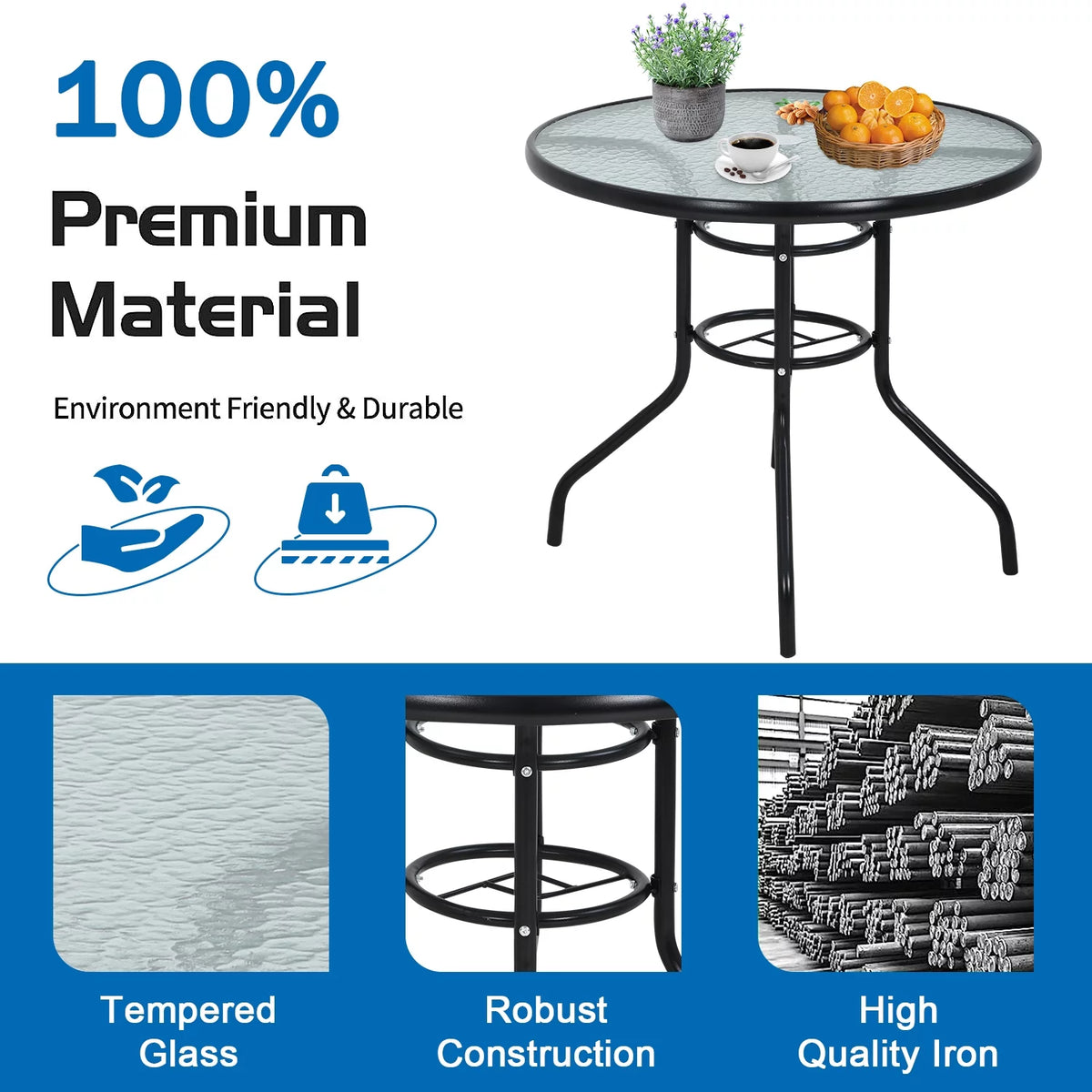 32" Round Glass Patio Table with Umbrella Hole B830