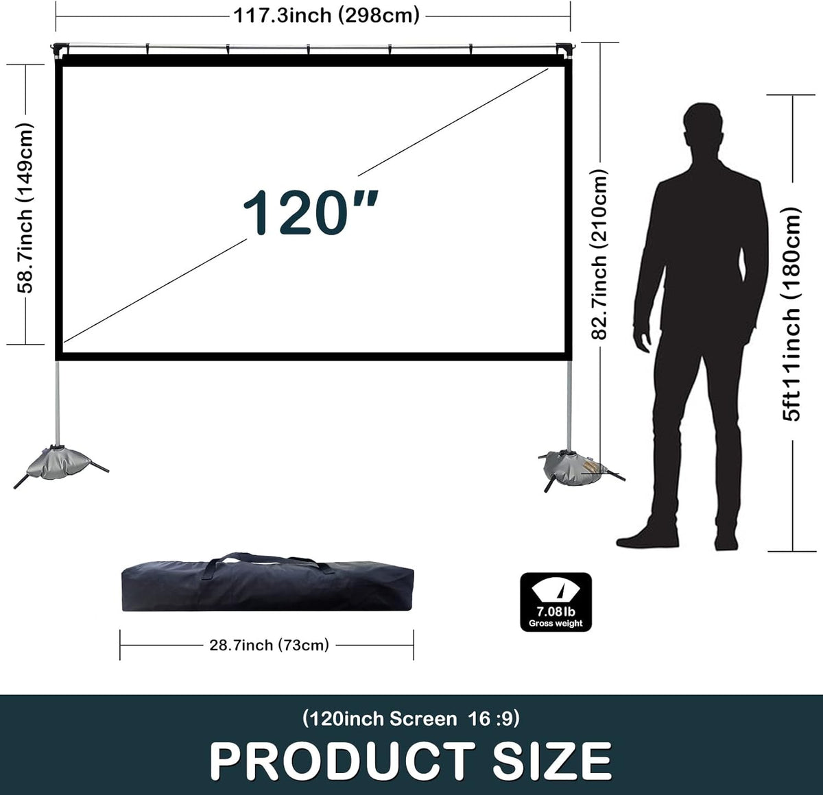 120 inch 4K HD 16:9 Projector Screen with Stand and Carry Bag S79595