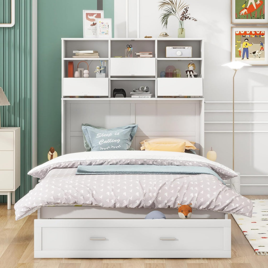 White Queen Size Murphy Bed with Bookcase and Drawer V370444