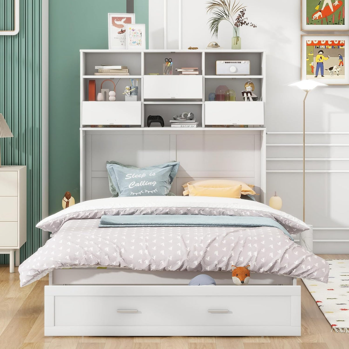 White Queen Size Murphy Bed with Bookcase and Drawer V370444