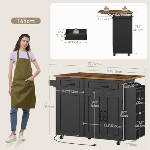 White and Walnut Kitchen Island with Power Outlet and Drop Leaf Q687256