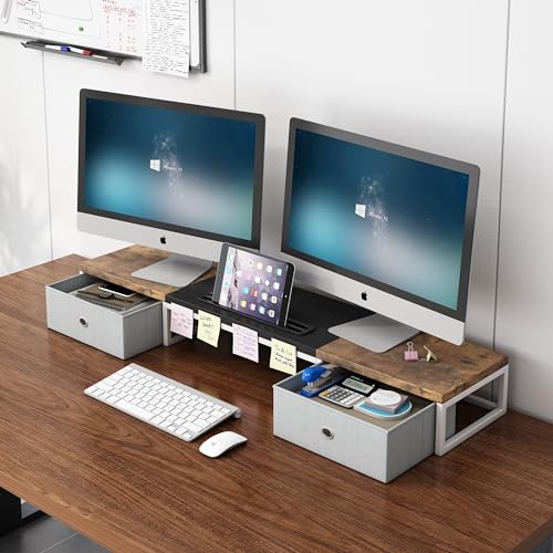White 39Inch Wooden Dual Monitor Stand Riser with 2 Drawers K345902