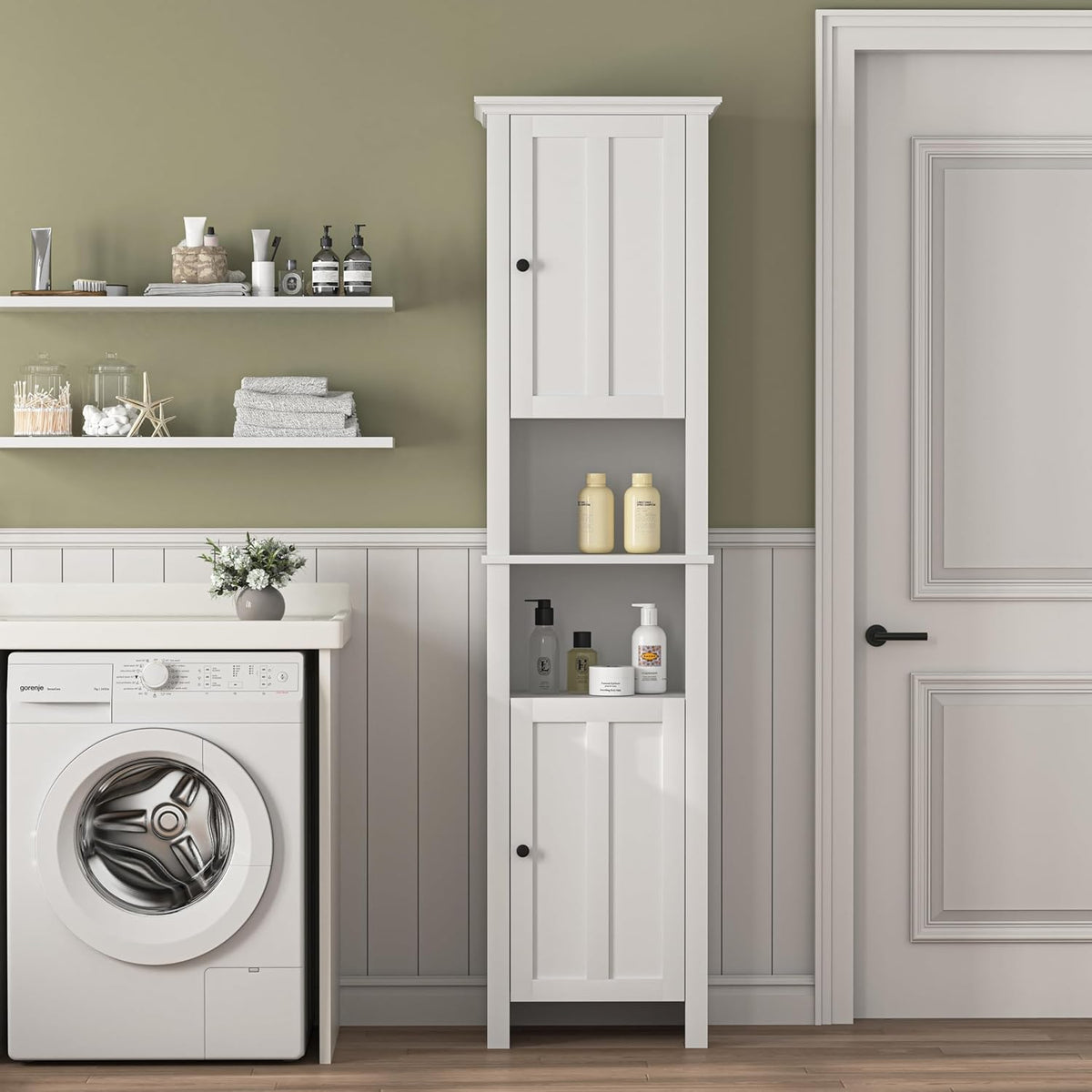 White 15.7"L x 11.8"W x 67"H Narrow Bathroom Storage Cabinet with Shelves and Door X97338