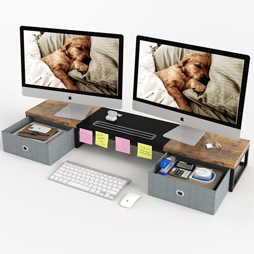 White 39Inch Wooden Dual Monitor Stand Riser with 2 Drawers K345902