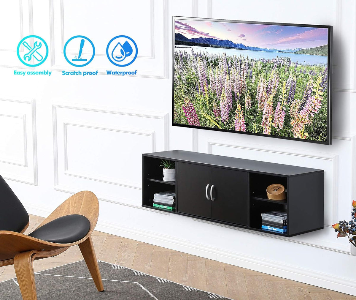 Black Floating TV Stand Wall Mounted Media Console D42406