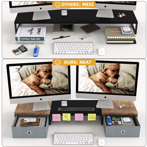 White 39Inch Wooden Dual Monitor Stand Riser with 2 Drawers K345902