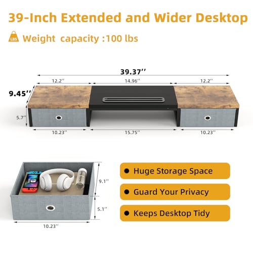 White 39Inch Wooden Dual Monitor Stand Riser with 2 Drawers K345902