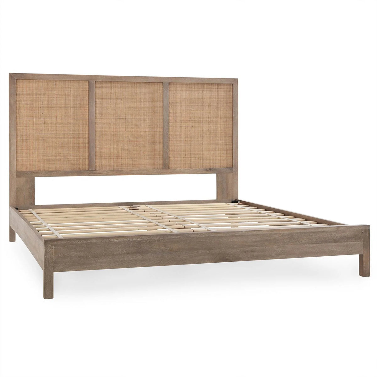 Queen Bed Open Weave Caning Solid Mango Wood Taupe O6996