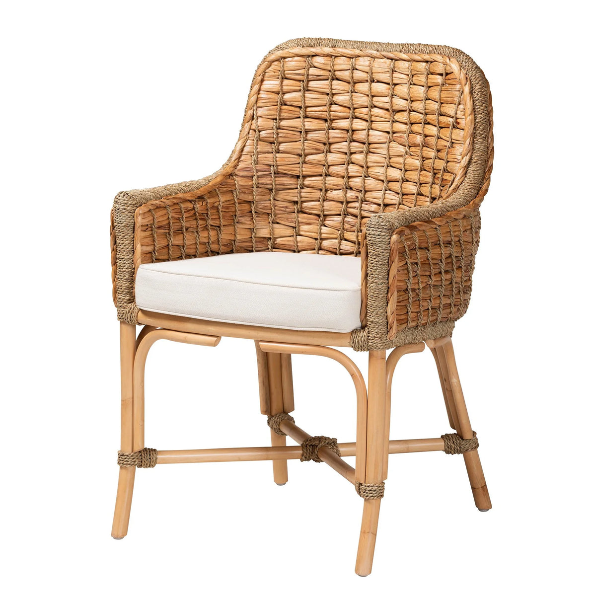 Natural Brown Woven Rattan Dining Arm Chair with Cushion E930446