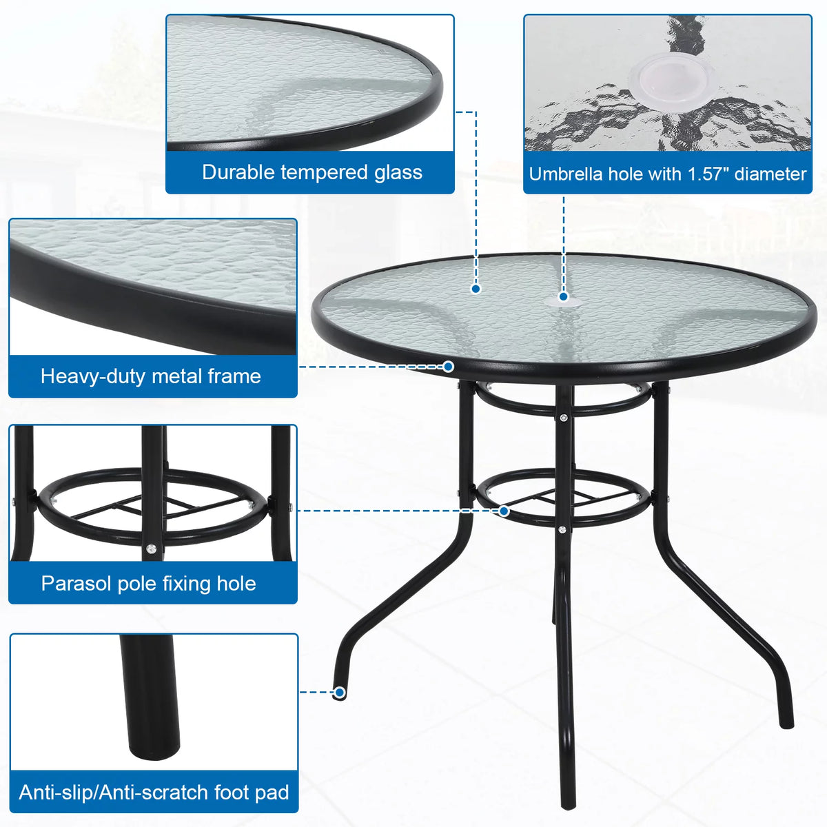 32" Round Glass Patio Table with Umbrella Hole B830