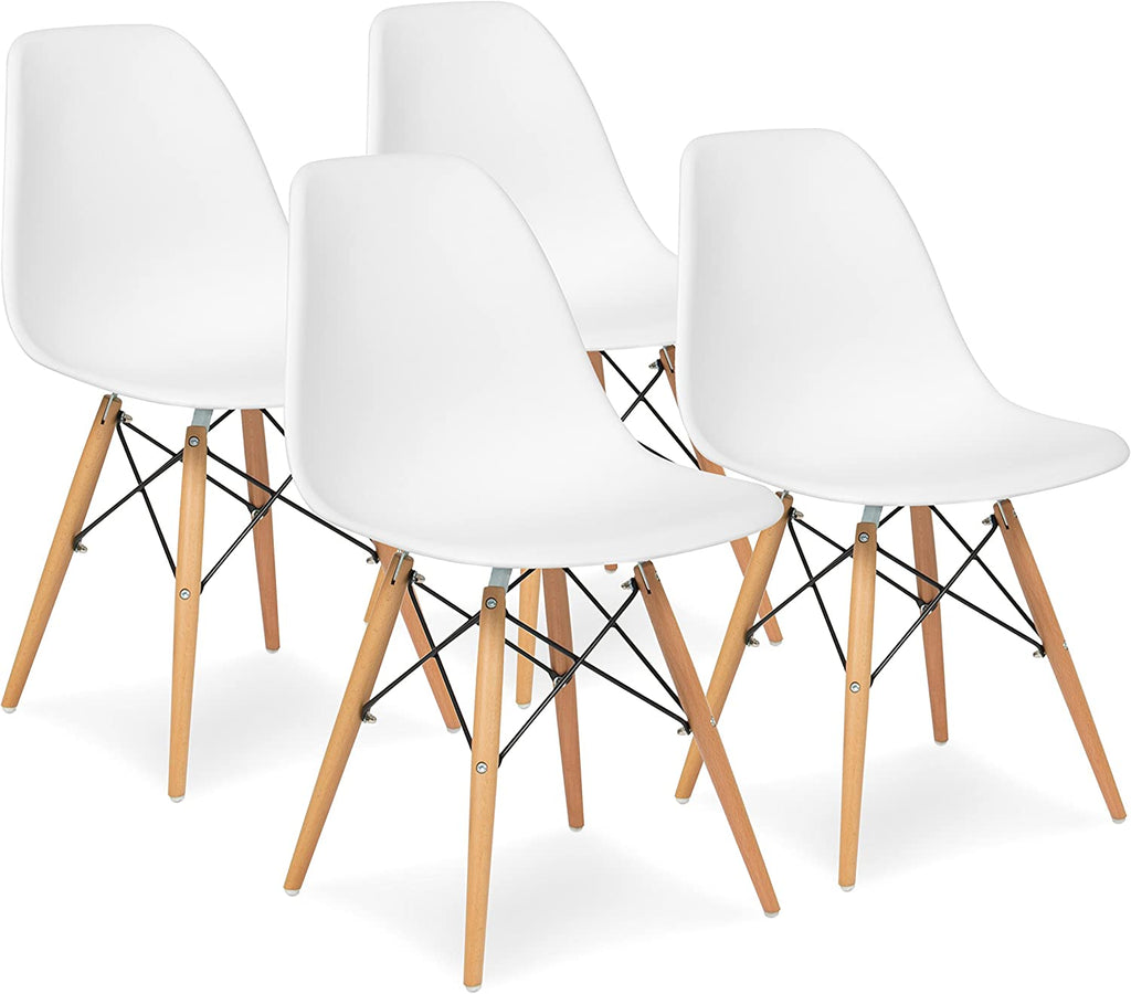 White Molded Plastic Dining Chairs with Wood Legs, Set of 4 W82573