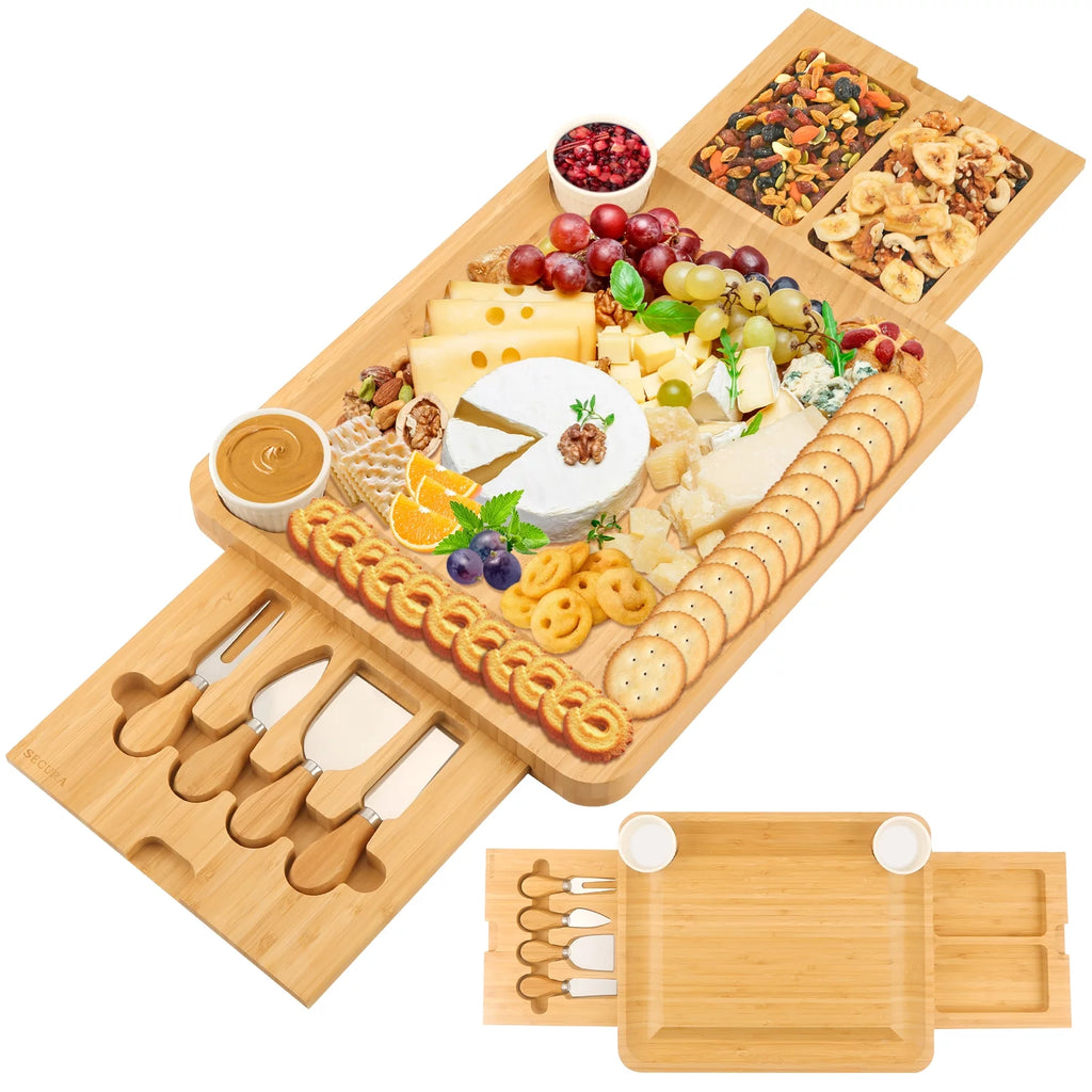 Bamboo Cheese Board Set with Knife Set and 2 Ceramic Bowls V6669