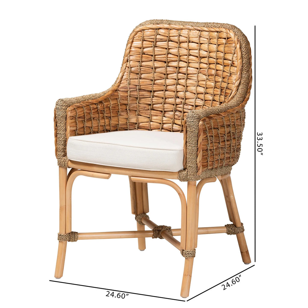 Natural Brown Woven Rattan Dining Arm Chair with Cushion E930446