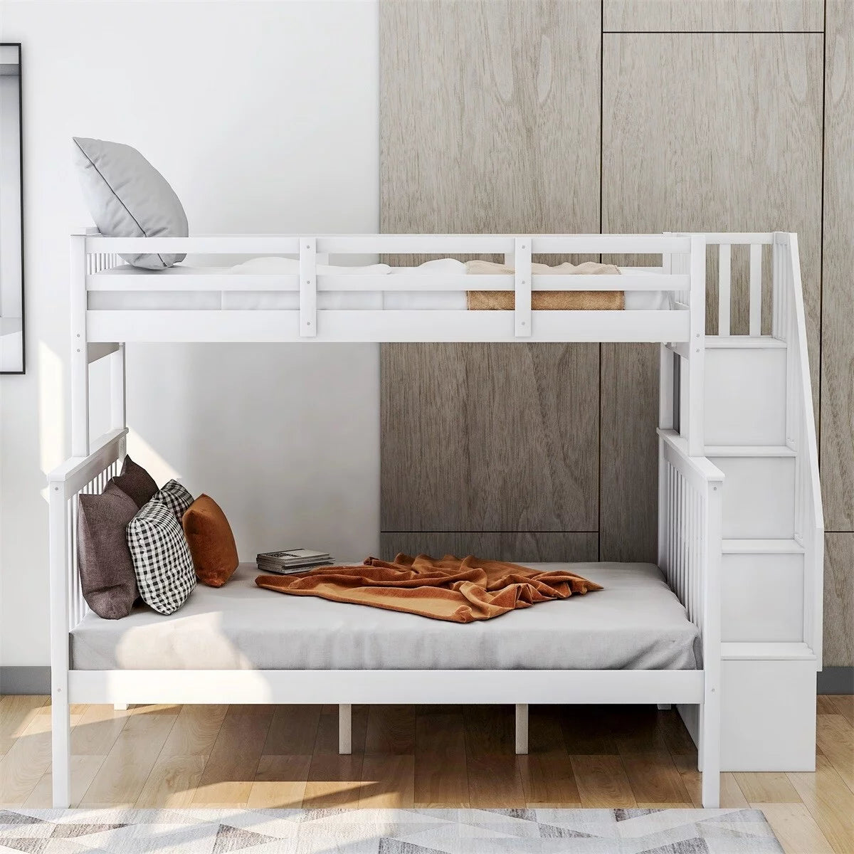 White Twin over Full Bunk Bed with Storage and Guard Rail W98305