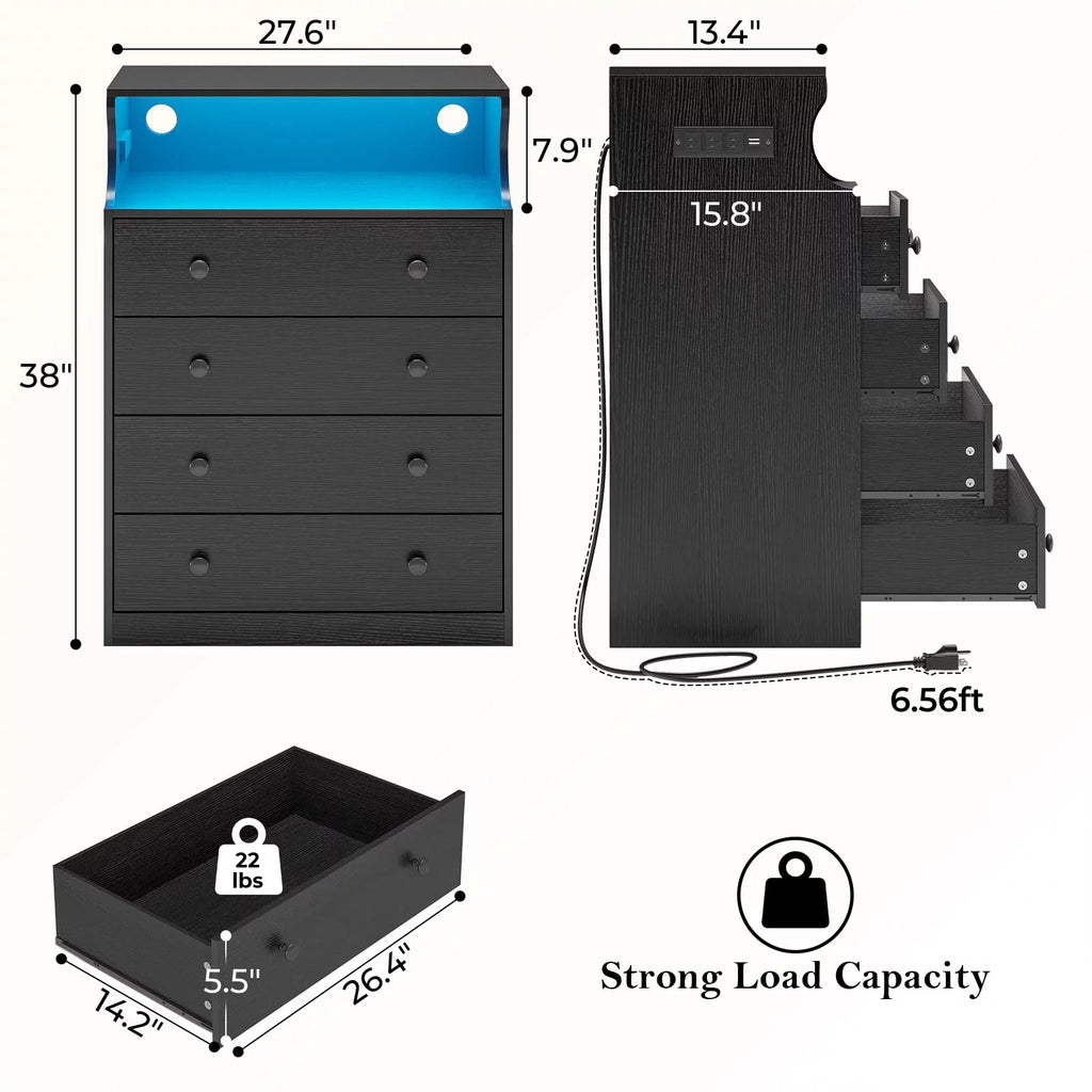Black 4 Drawer Dresser with LED Lights and Charging Station C266914
