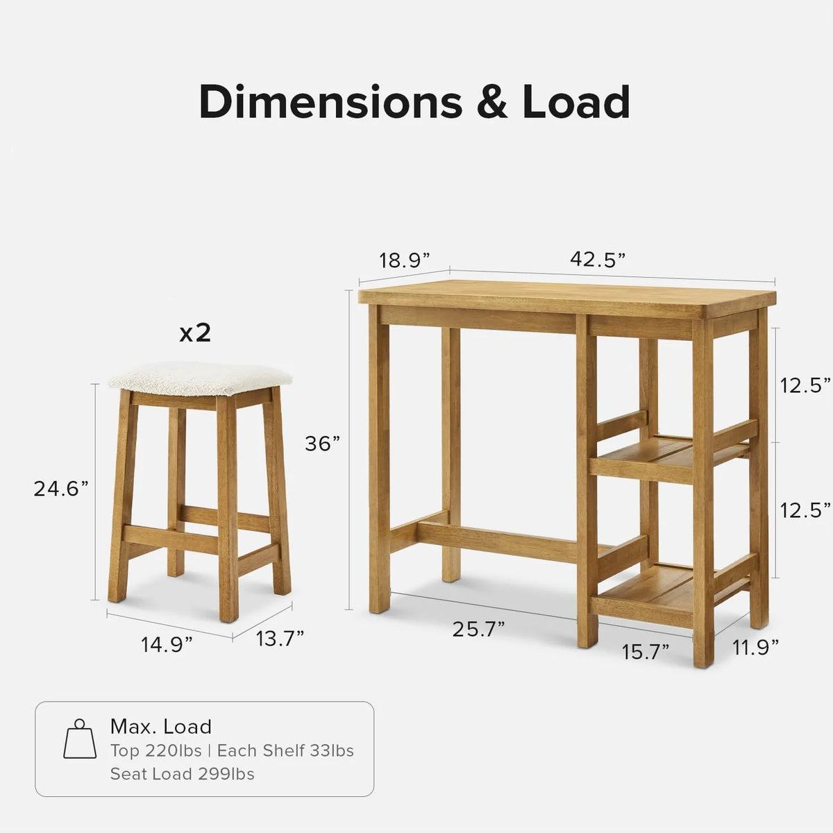 Solid Wood 3-Piece Counter Table Set with 2 Boucle Stools Z744