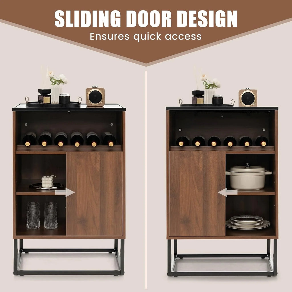 Wine Cabinet Sideboard Buffet Cabinet with Tempered Glass Top Sliding Door Freestanding Wine Rack Table P13424