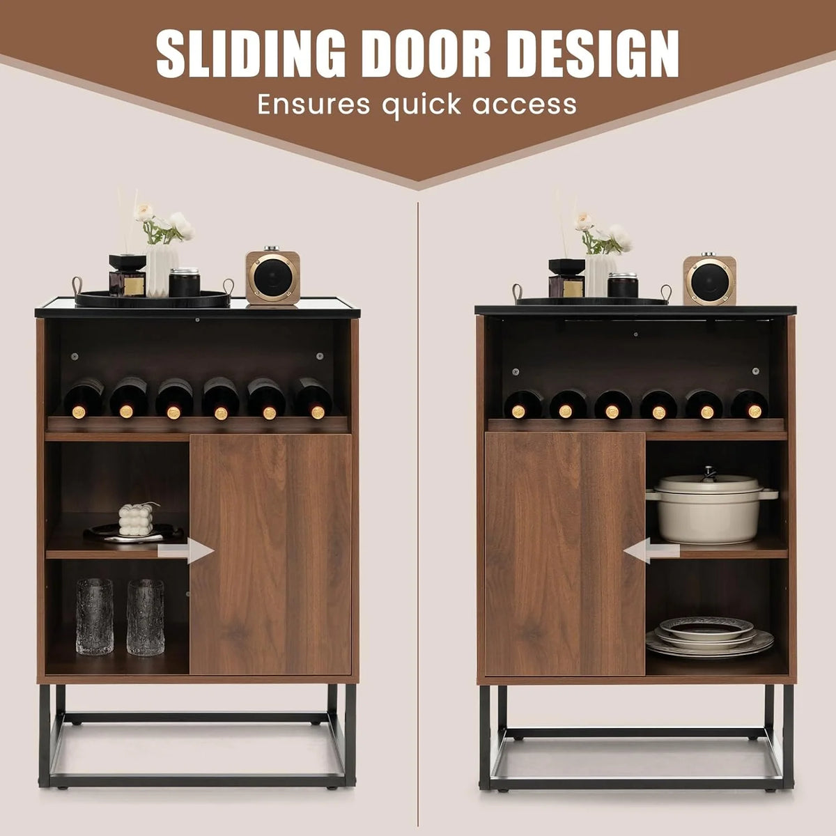 Wine Cabinet Sideboard Buffet Cabinet with Tempered Glass Top Sliding Door Freestanding Wine Rack Table P13424