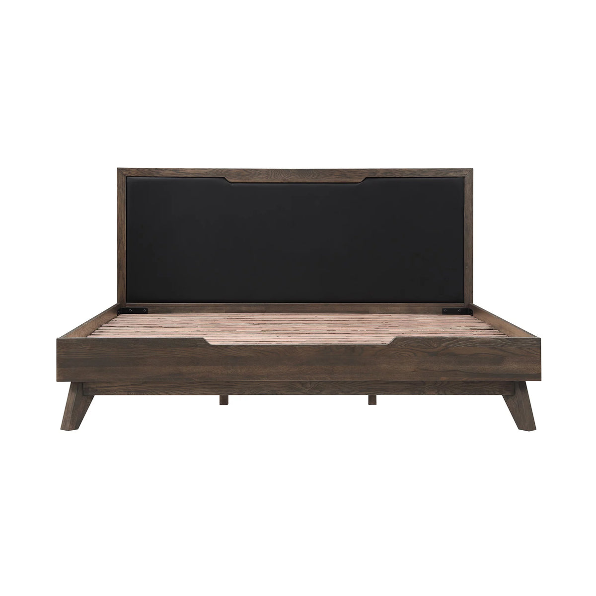 Oak Wood King Platform Bed with Faux Leather Headboard H658