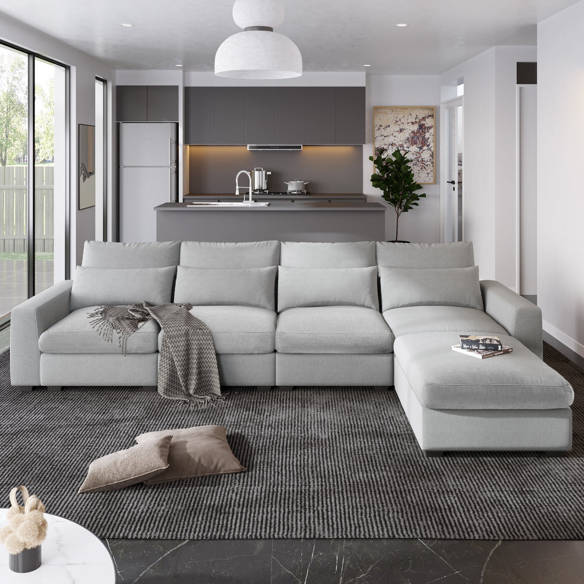 Light Gray L-Shape Feather Filled Sectional Sofa H708