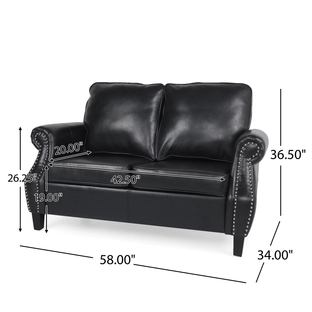 Midnight Black and Dark Brown Faux Leather Loveseat with Nailhead Trim N698599