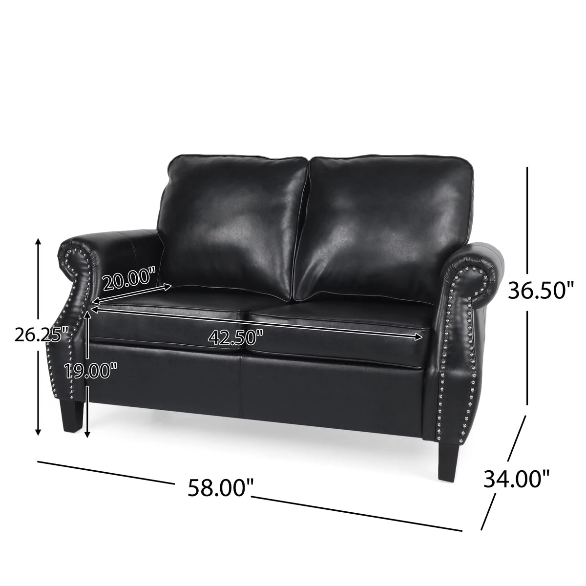 Midnight Black and Dark Brown Faux Leather Loveseat with Nailhead Trim N698599