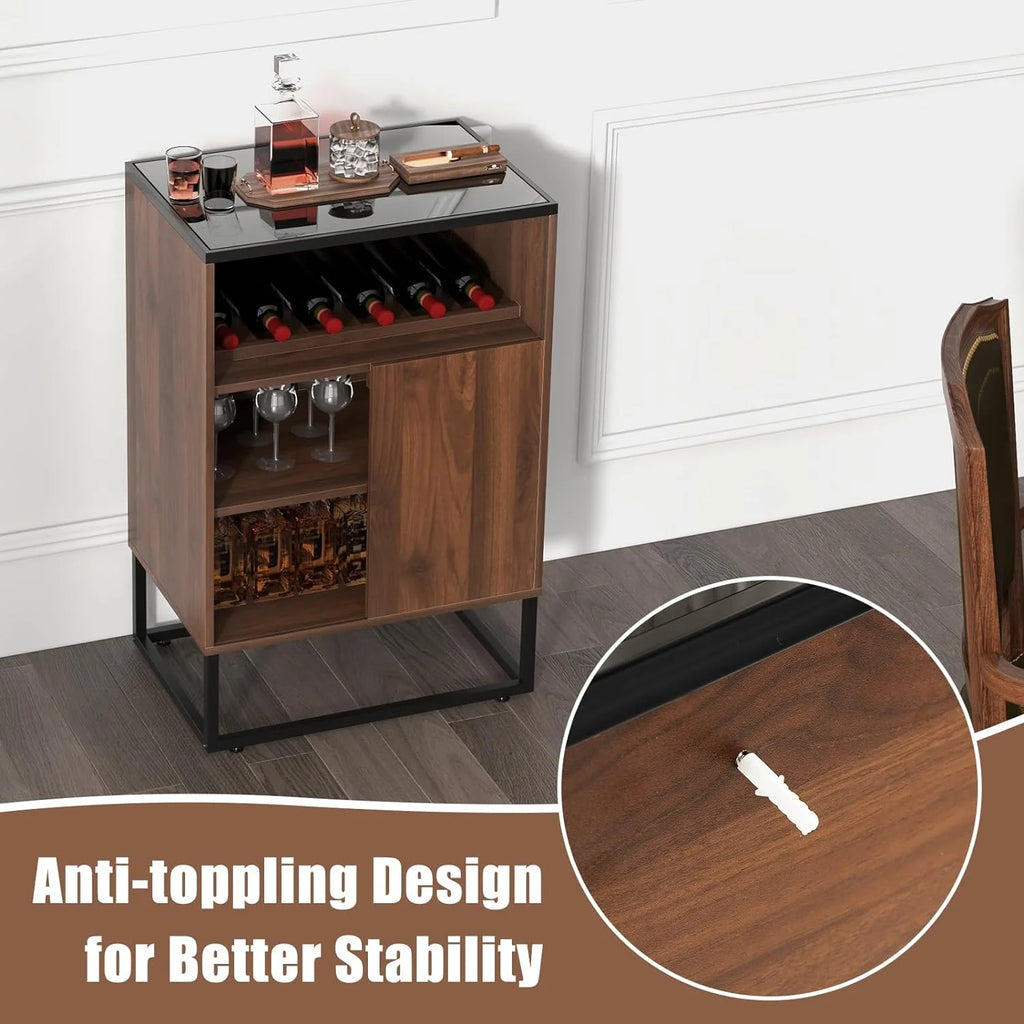 Wine Cabinet Sideboard Buffet Cabinet with Tempered Glass Top Sliding Door Freestanding Wine Rack Table P13424