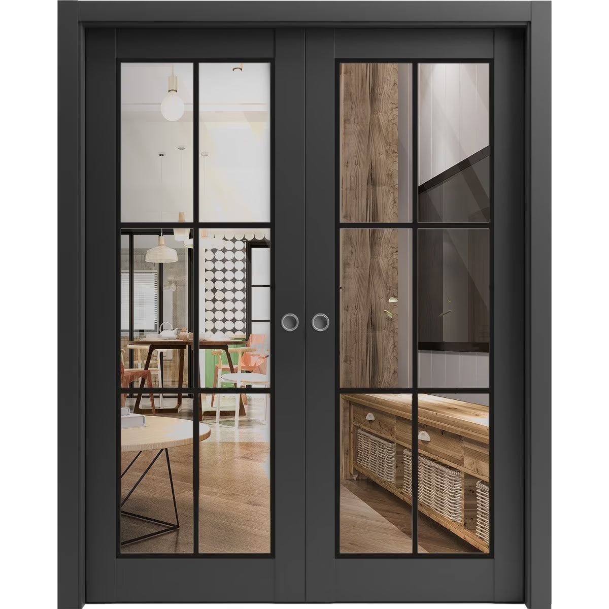 Matte Black Clear Glass Sliding French Double Pocket Doors 36 x 80 inches Solid Wood Interior Doors M320