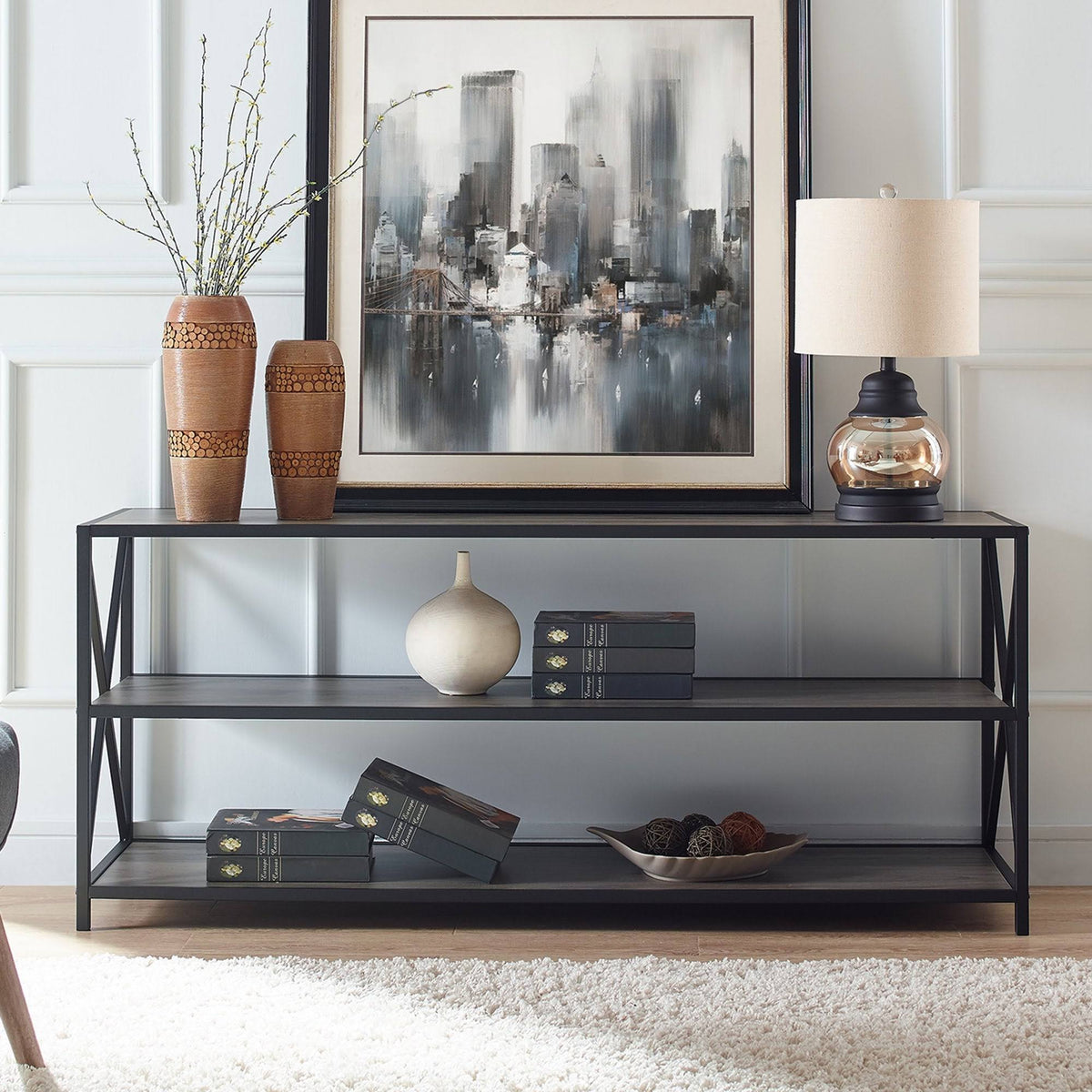 X-Frame 60x22 Wide 2 Shelf Laminate Industrial - Dark Walnut D807
