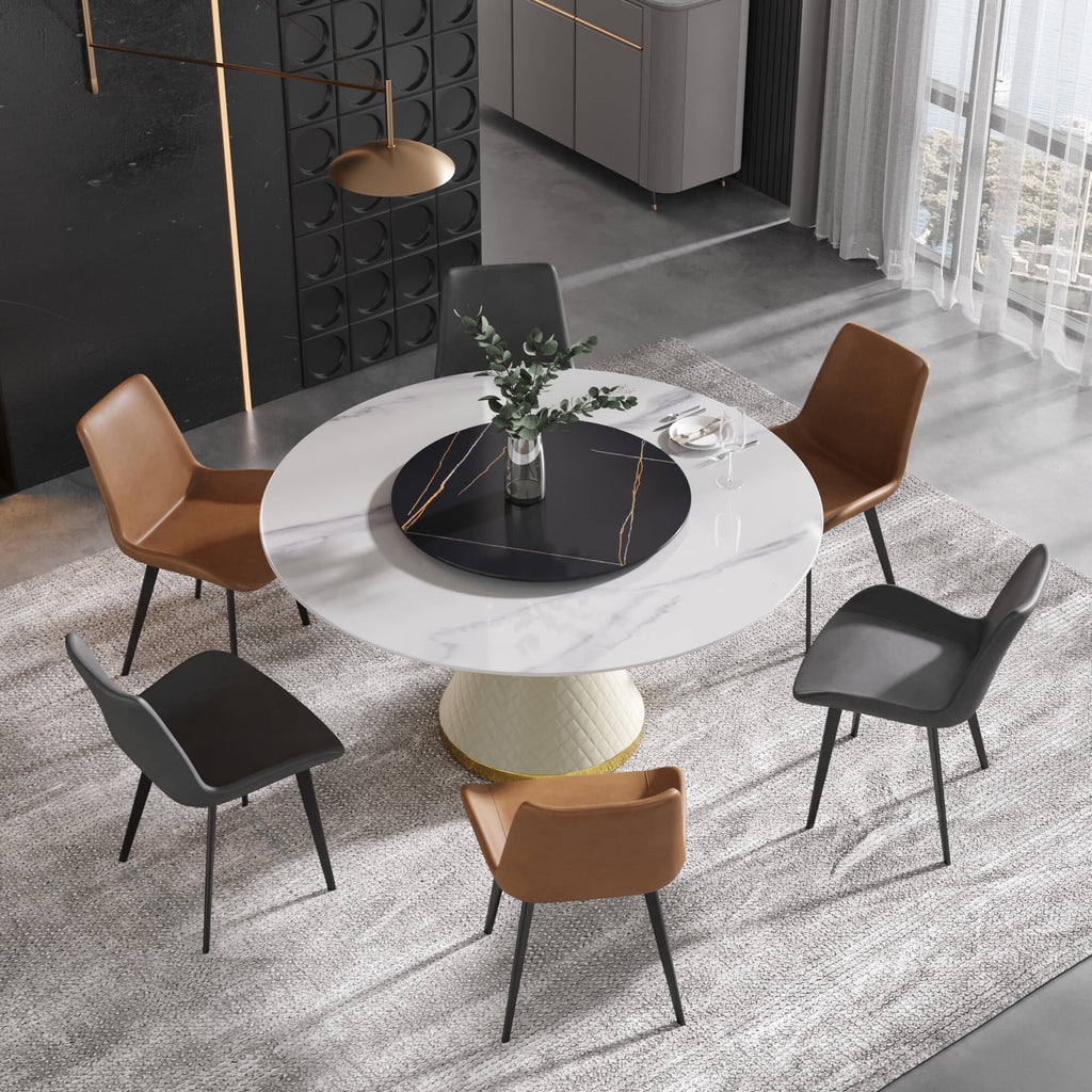 White Sintered Stone Round Dining Table with Black Slate Turntable Y312