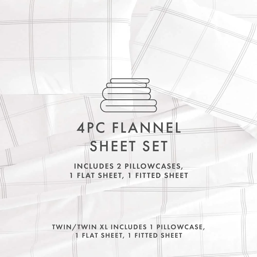 4 Piece Gray Checkered Flannel California King Sheet Set E72680