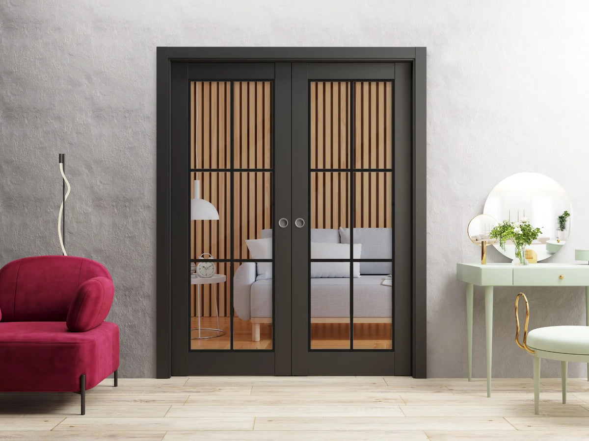 Matte Black Clear Glass Sliding French Double Pocket Doors 36 x 80 inches Solid Wood Interior Doors M320