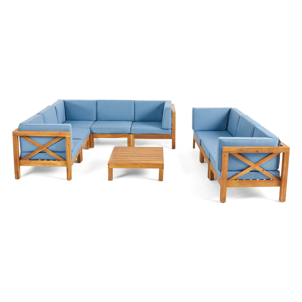 Teak Blue 8 Seater Wood Sectional Sofa Set with Coffee Table I26529
