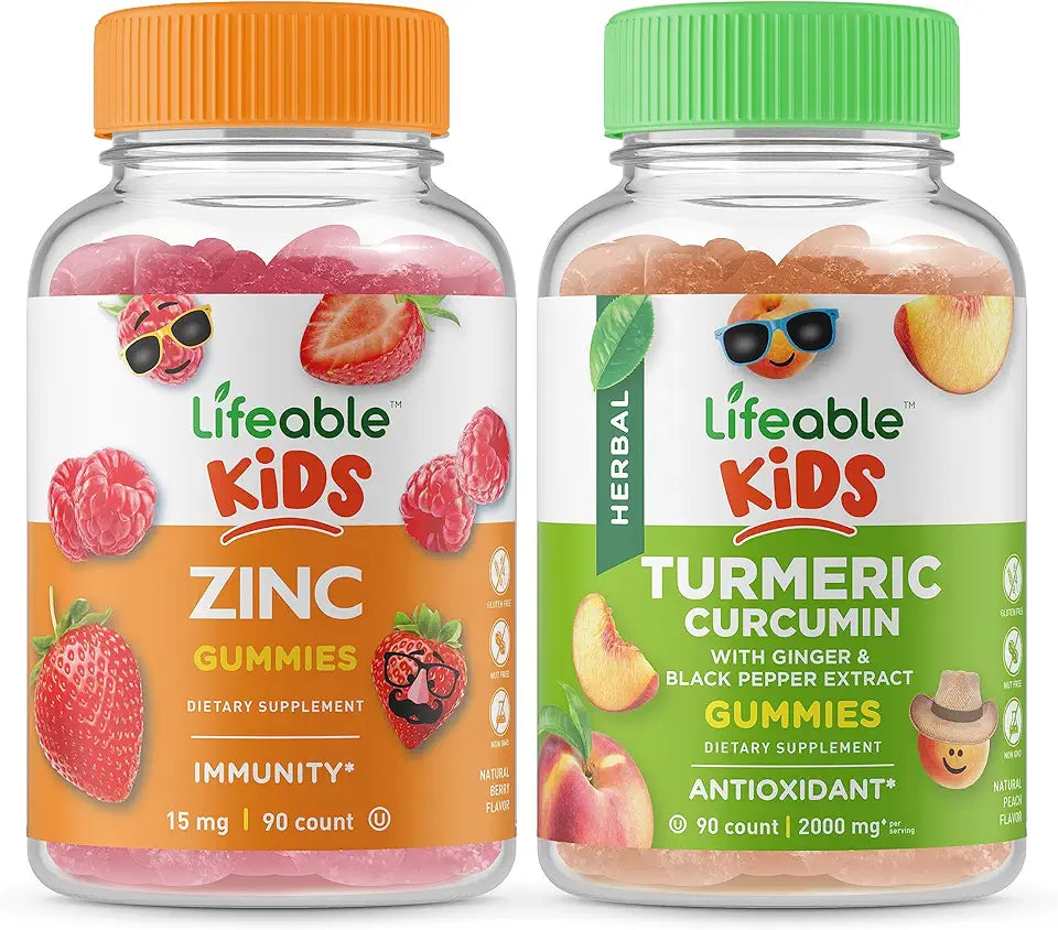Zinc Kids Turmeric Curcumin Kids Gummies Bundle Gluten Free GMO Free Chewable Gummy Vitamin Supplement B58244