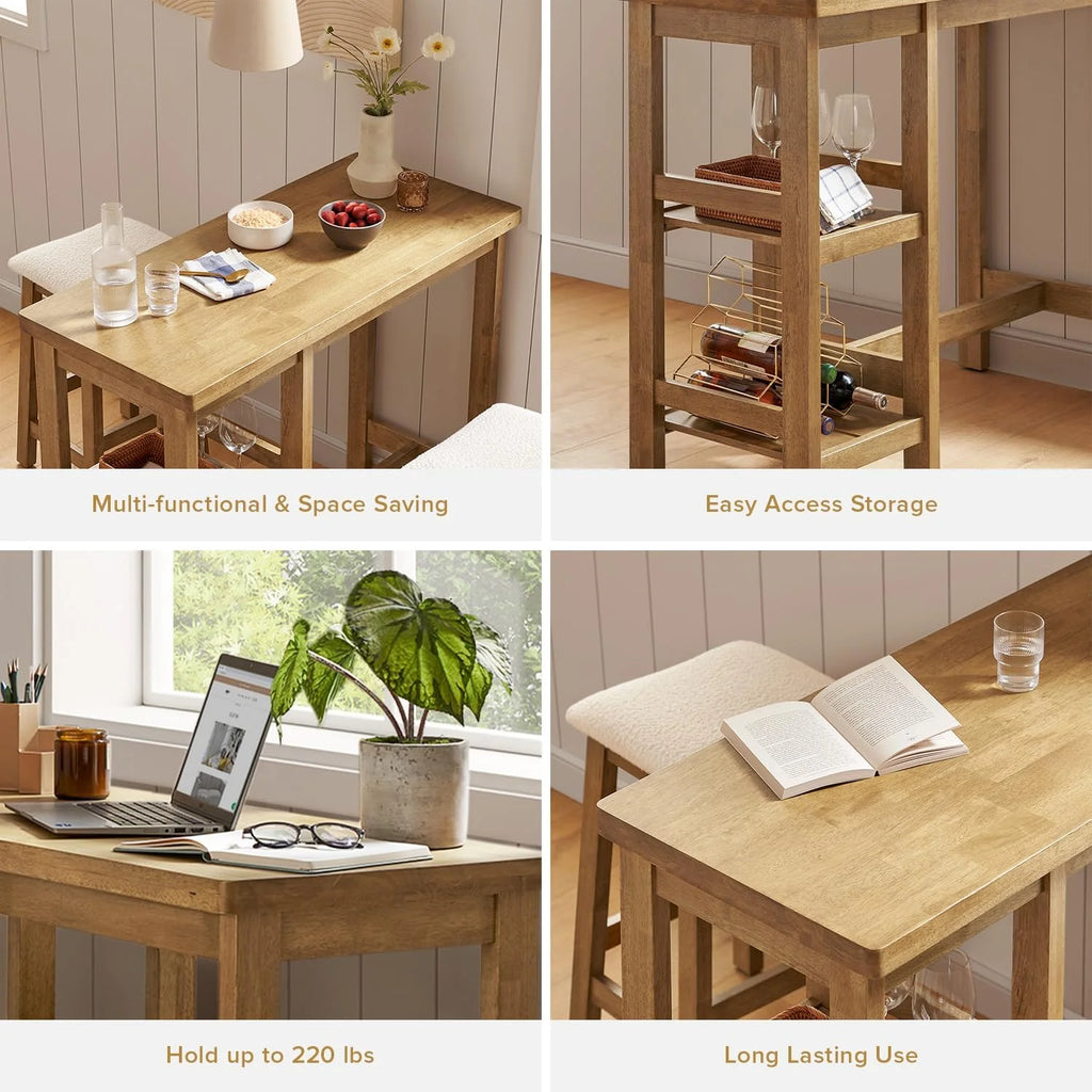 Solid Wood 3-Piece Counter Table Set with 2 Boucle Stools Z744