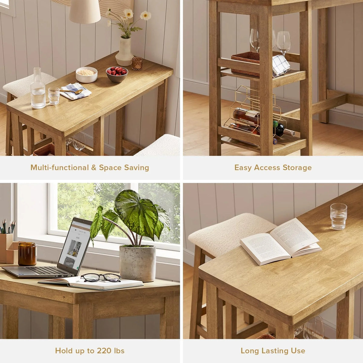 Solid Wood 3-Piece Counter Table Set with 2 Boucle Stools Z744
