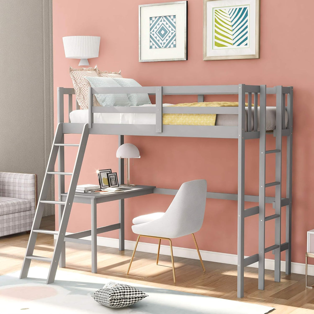 Espresso Wood Twin Loft Bed with Desk and Storage Drawers, Cabinet, Shelves O372