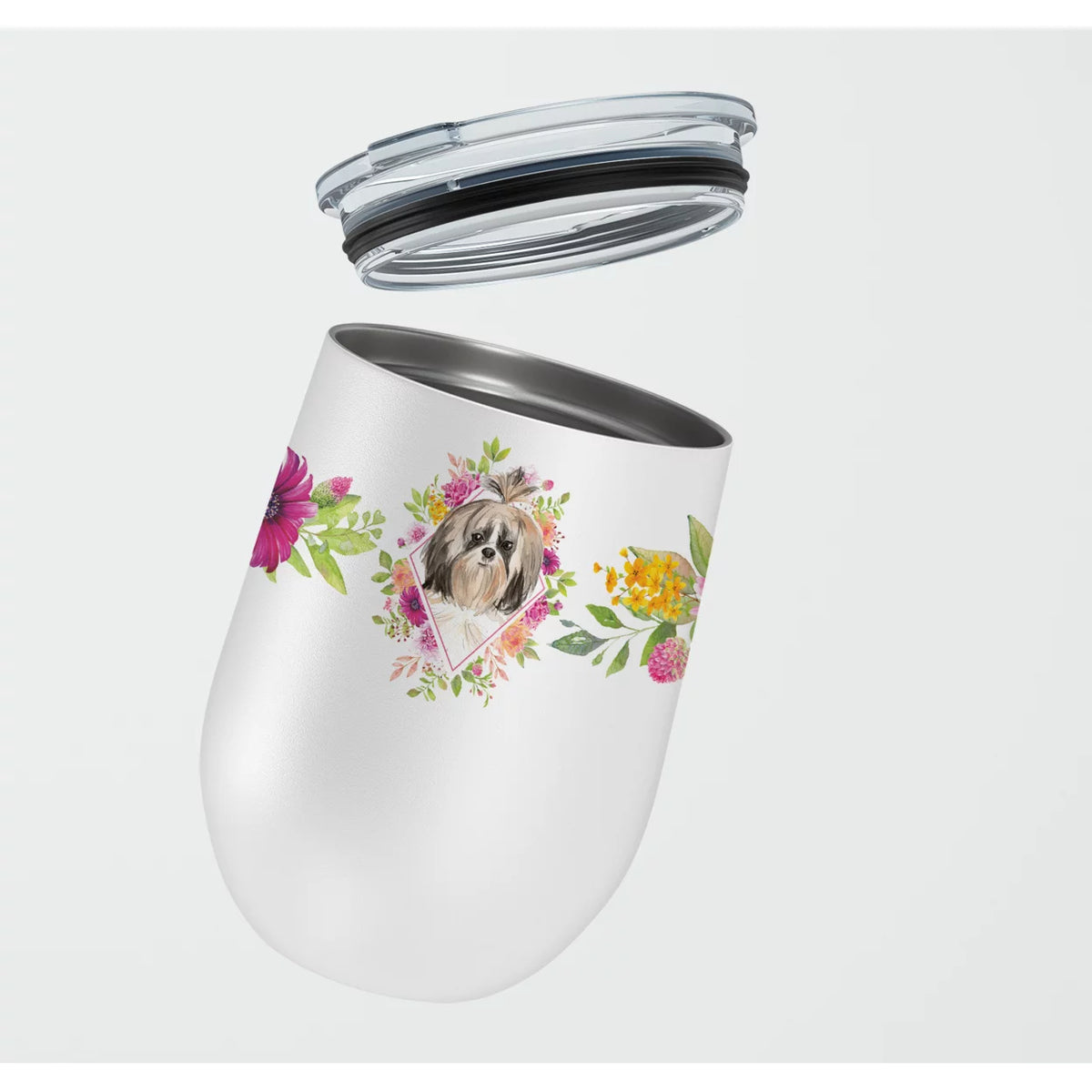 Shih Tzu Pink Flowers Stainless Steel 12 oz Stemless Wine Glass W927