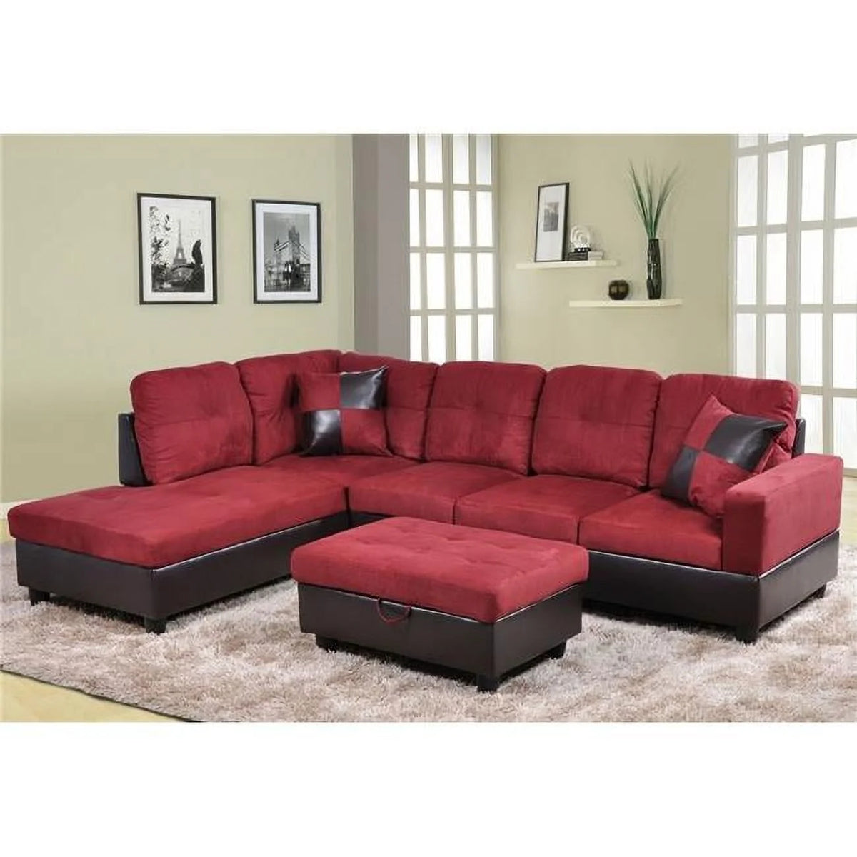 Red 3 Piece Microfiber Faux Leather Sofa Set C202