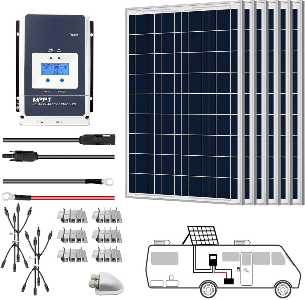 600 Watts 12/24 Volts 6PCS 100watts Polycrystalline Panel Solar RV Kits with 50A MPPT LCD Charge Controller U3667