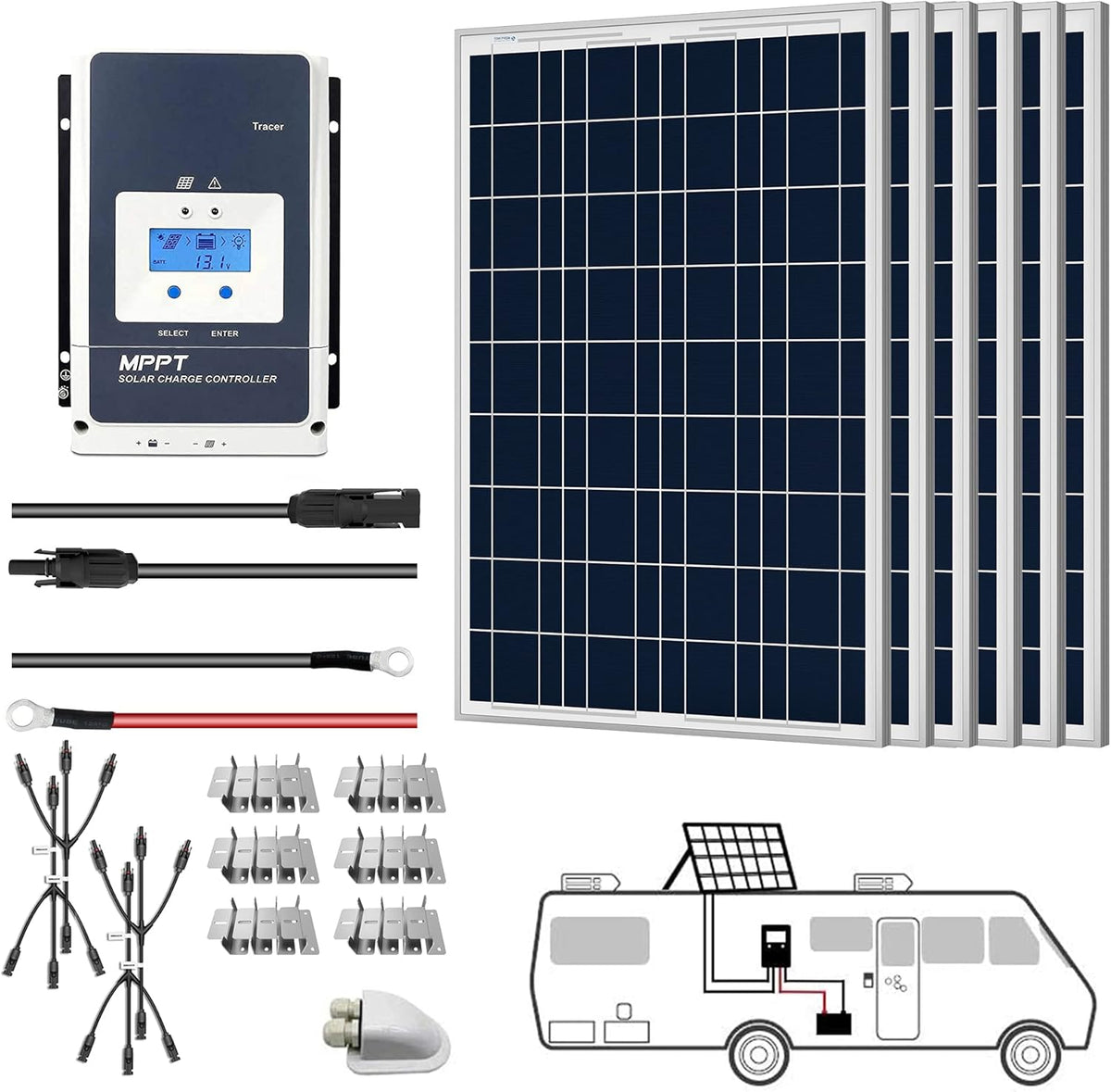 600 Watts 12/24 Volts 6PCS 100watts Polycrystalline Panel Solar RV Kits with 50A MPPT LCD Charge Controller U3667