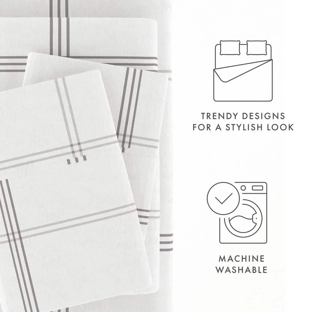 4 Piece Gray Checkered Flannel California King Sheet Set E72680