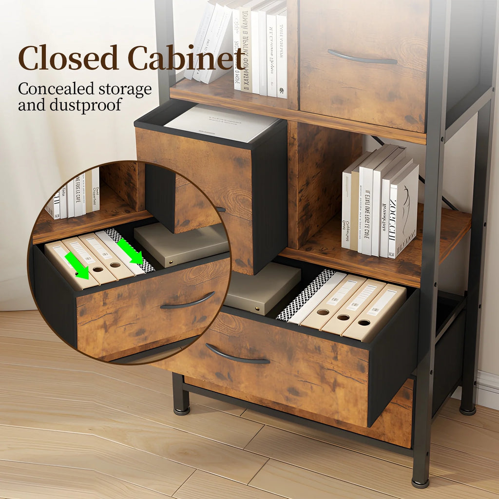 5 Tier Book Shelf with 4 Drawers, Rustic Oak Shelves & Metal Frame V7445