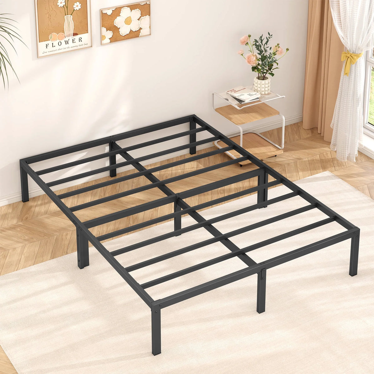 Heavy Duty Queen Size Metal Platform Bed Frame with 14 inch Under Bed Storage, Black P19483