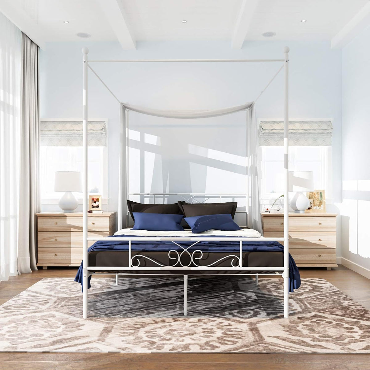 Twin White Metal Canopy Bed Frame with Steel Slats R87403