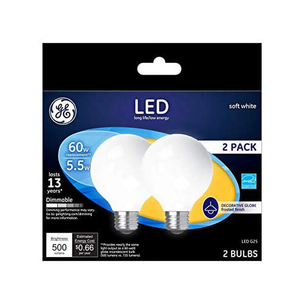 2-Pack 5.5-Watt LED Soft White Dimmable G25 Light Bulbs F6470